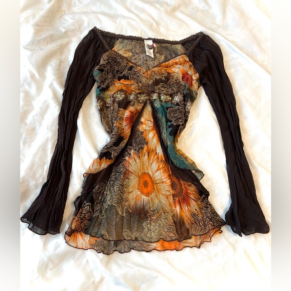 True Light Y2K Off-Shoulder Floral Mesh Top - Picture 1 of 4